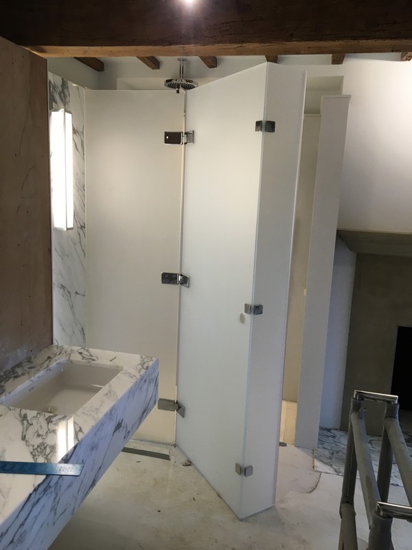 Bespoke frosted glass shower enclosure in Staines-upon-Thames luxury bathroom